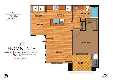 Canyon Trails A2 floor plan of a residence with 1 bedroom and baths